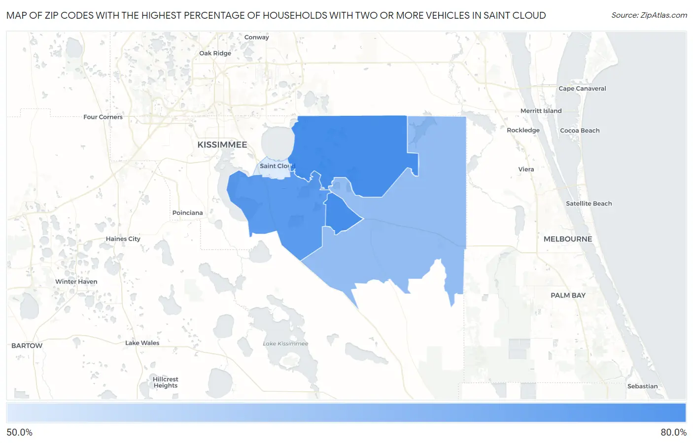 Zip Codes with the Highest Percentage of Households With Two or more Vehicles in Saint Cloud Map