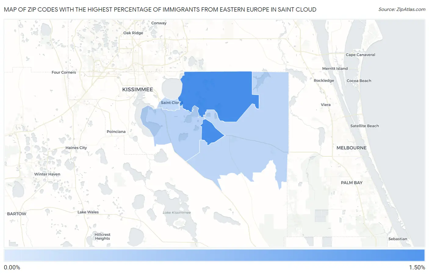 Zip Codes with the Highest Percentage of Immigrants from Eastern Europe in Saint Cloud Map