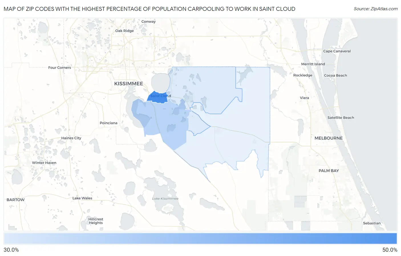 Zip Codes with the Highest Percentage of Population Carpooling to Work in Saint Cloud Map