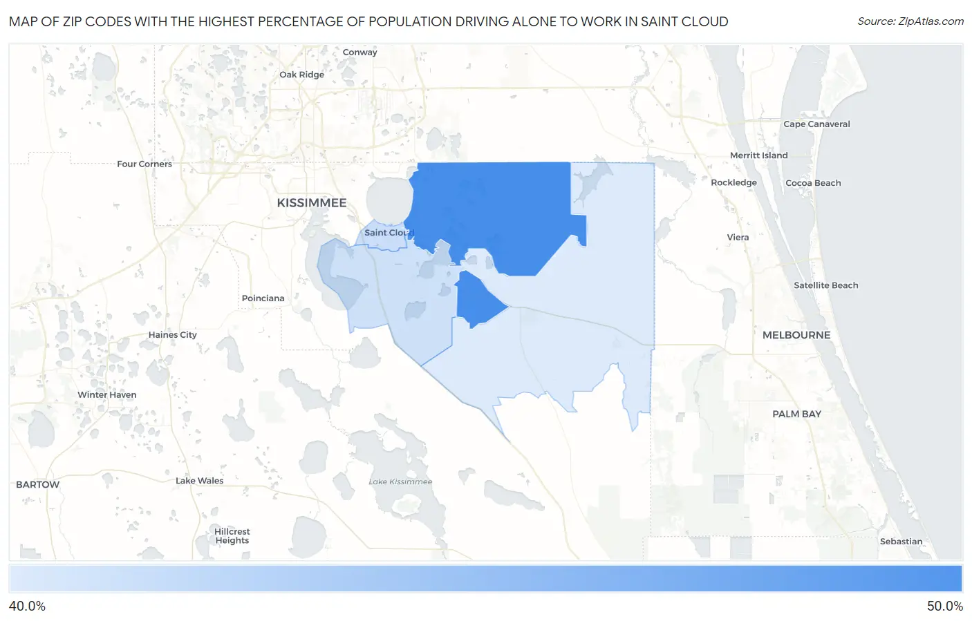 Zip Codes with the Highest Percentage of Population Driving Alone to Work in Saint Cloud Map