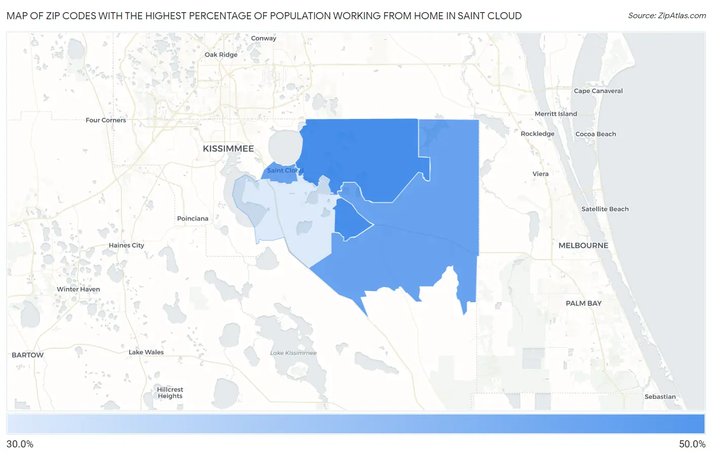 Zip Codes with the Highest Percentage of Population Working from Home in Saint Cloud Map