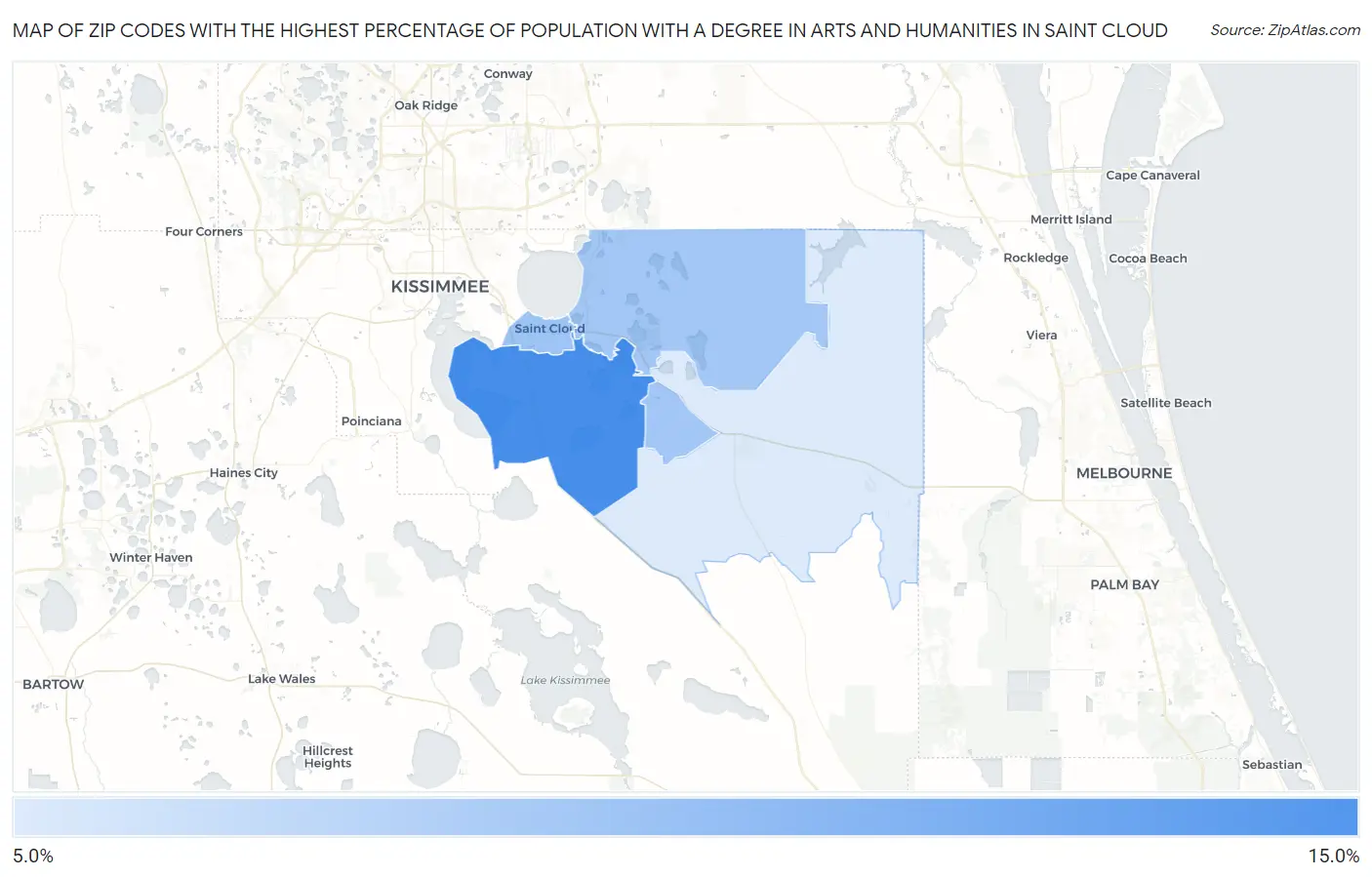 Zip Codes with the Highest Percentage of Population with a Degree in Arts and Humanities in Saint Cloud Map