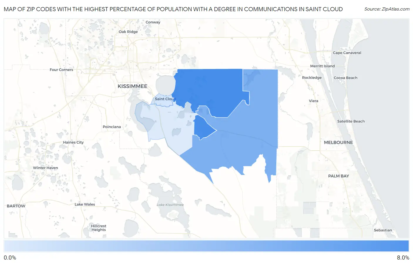 Zip Codes with the Highest Percentage of Population with a Degree in Communications in Saint Cloud Map
