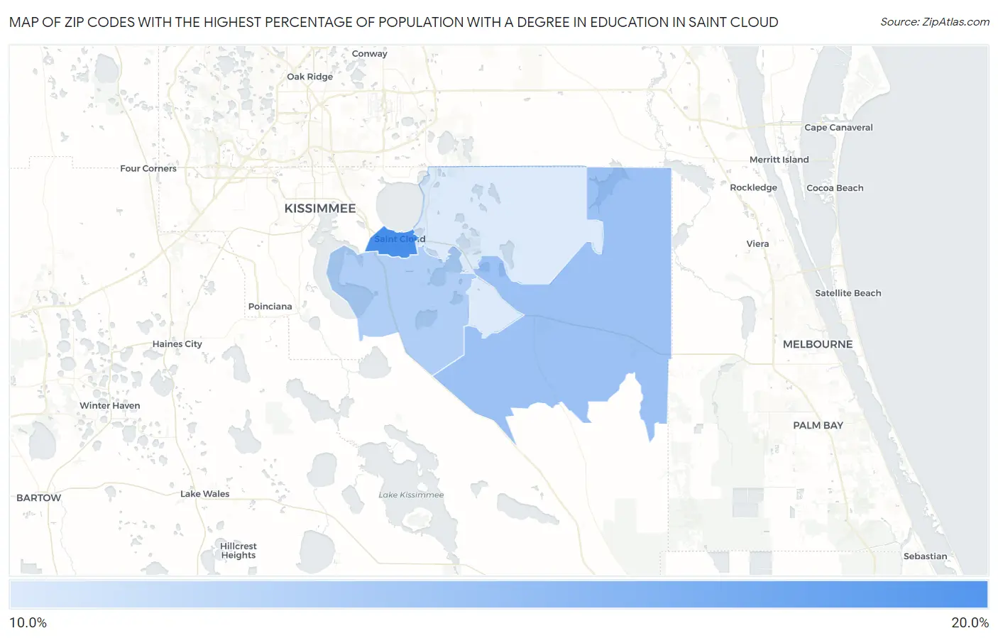 Zip Codes with the Highest Percentage of Population with a Degree in Education in Saint Cloud Map