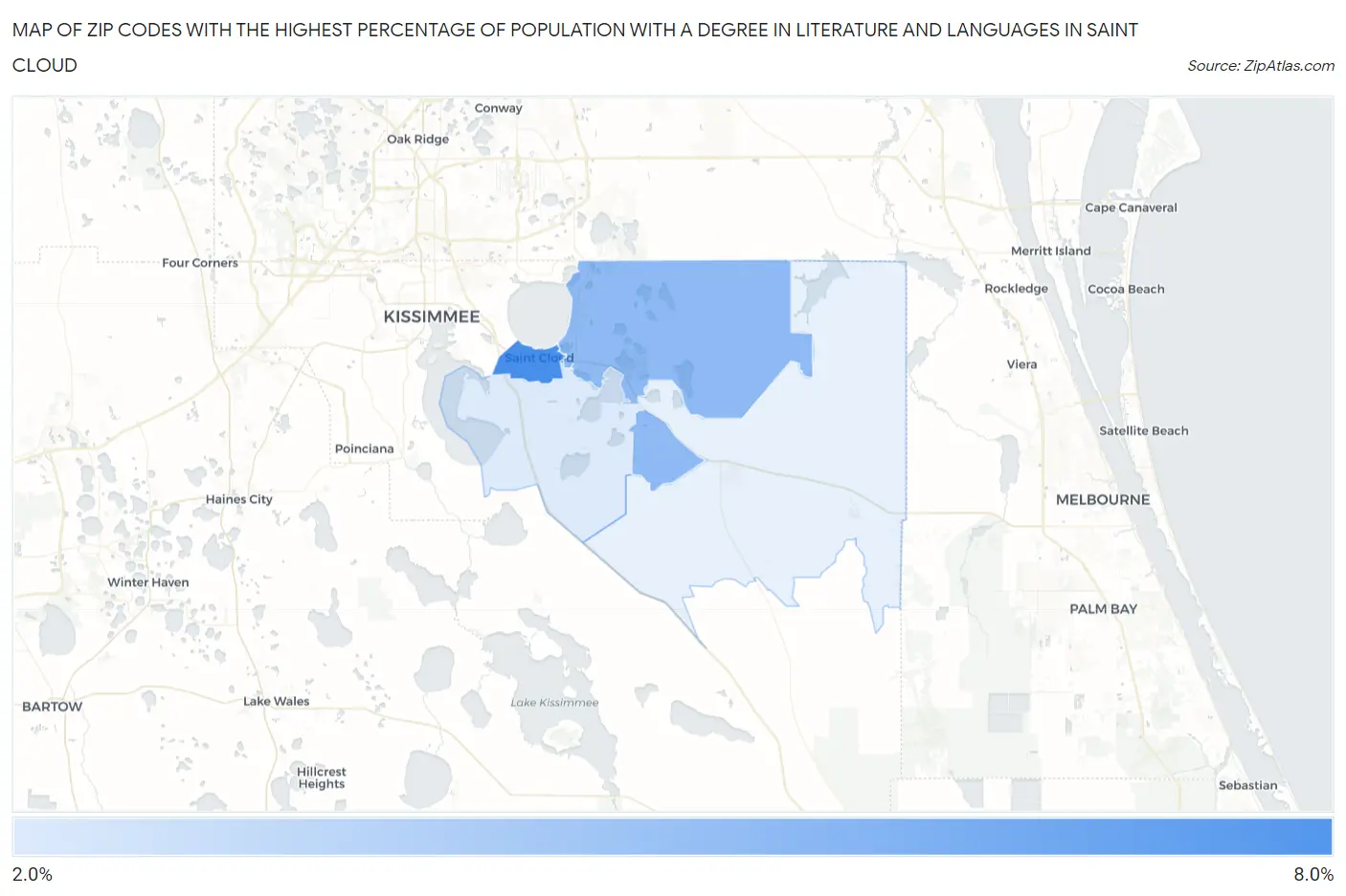 Zip Codes with the Highest Percentage of Population with a Degree in Literature and Languages in Saint Cloud Map