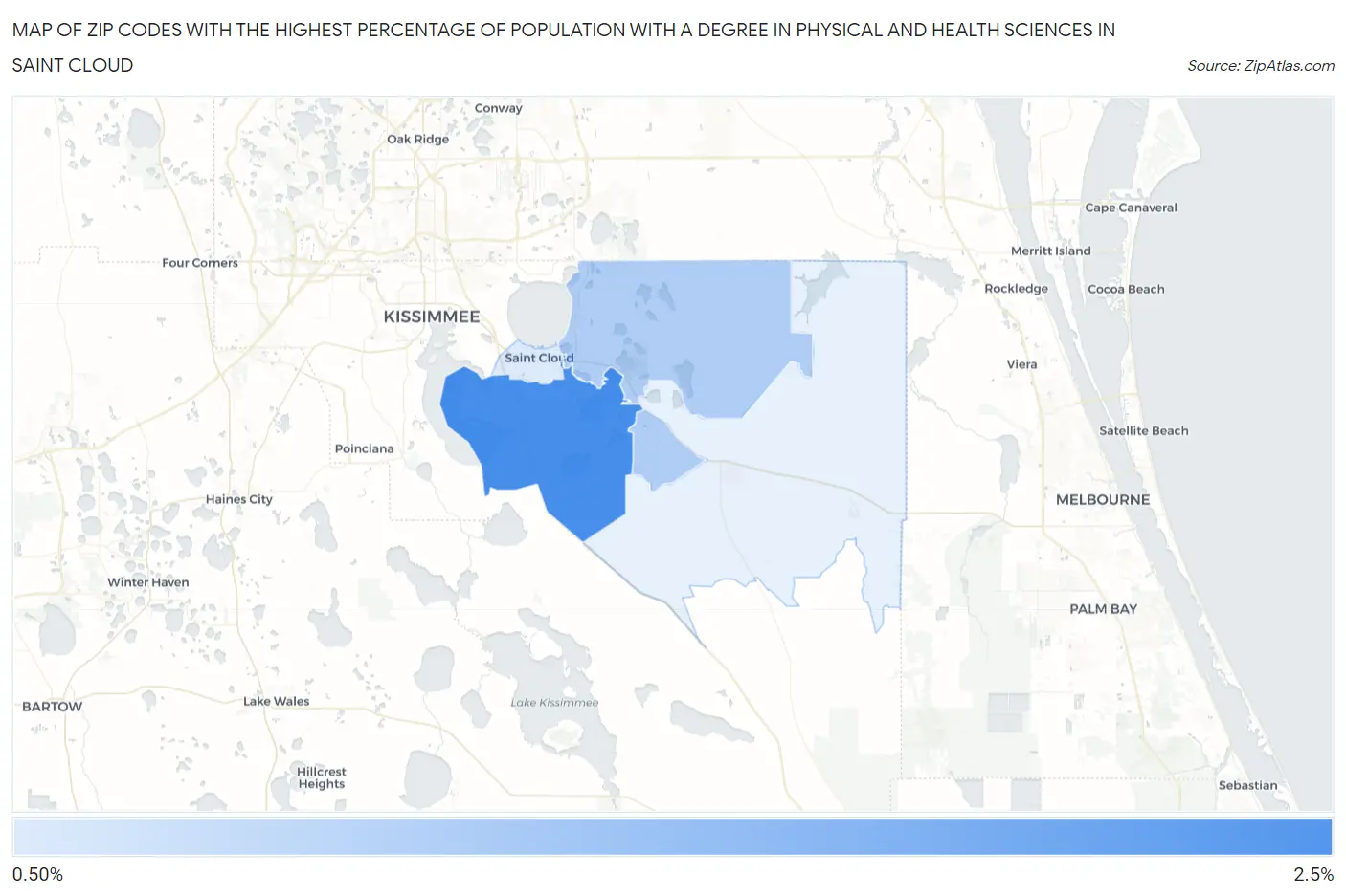 Zip Codes with the Highest Percentage of Population with a Degree in Physical and Health Sciences in Saint Cloud Map