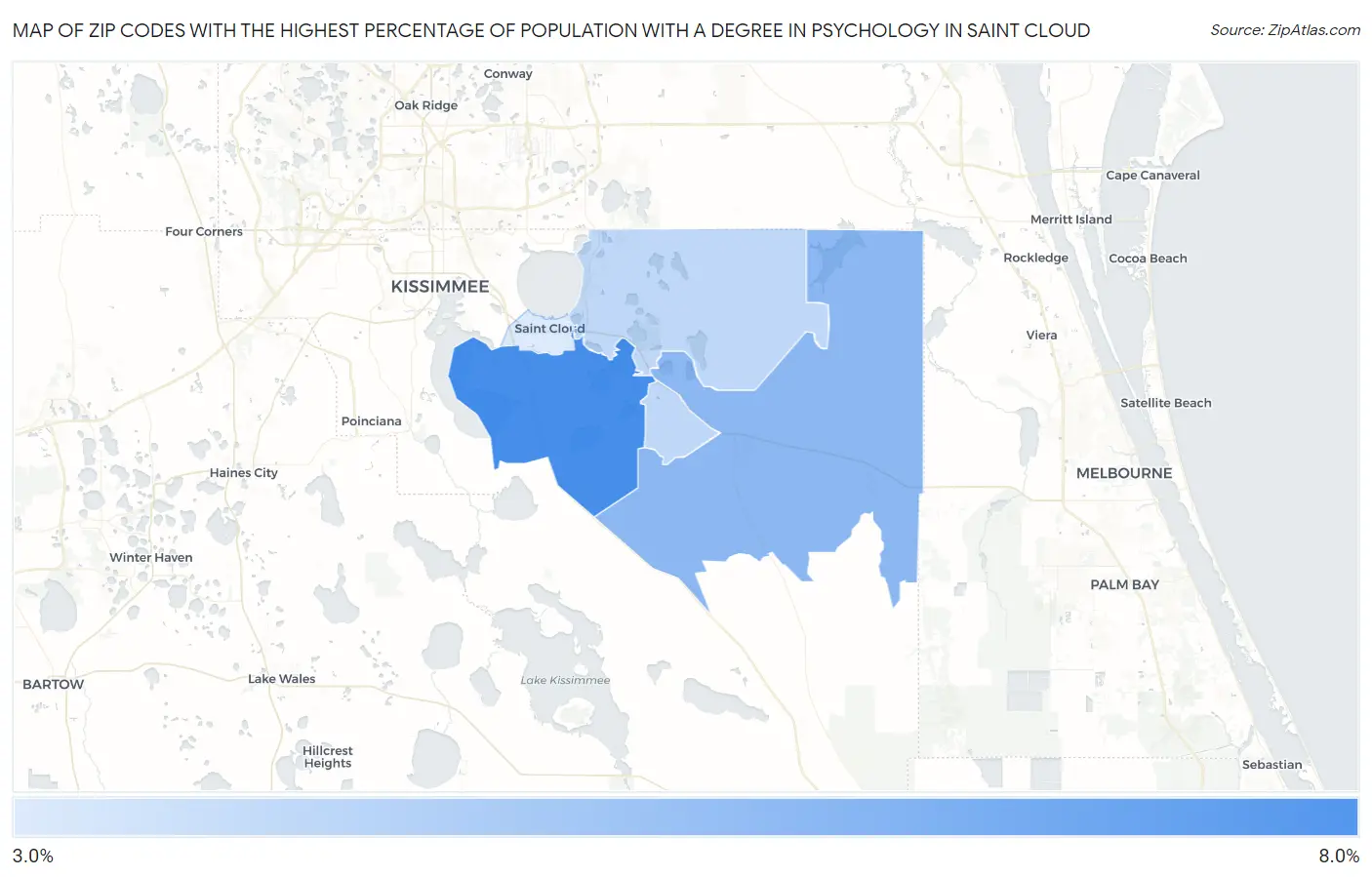 Zip Codes with the Highest Percentage of Population with a Degree in Psychology in Saint Cloud Map