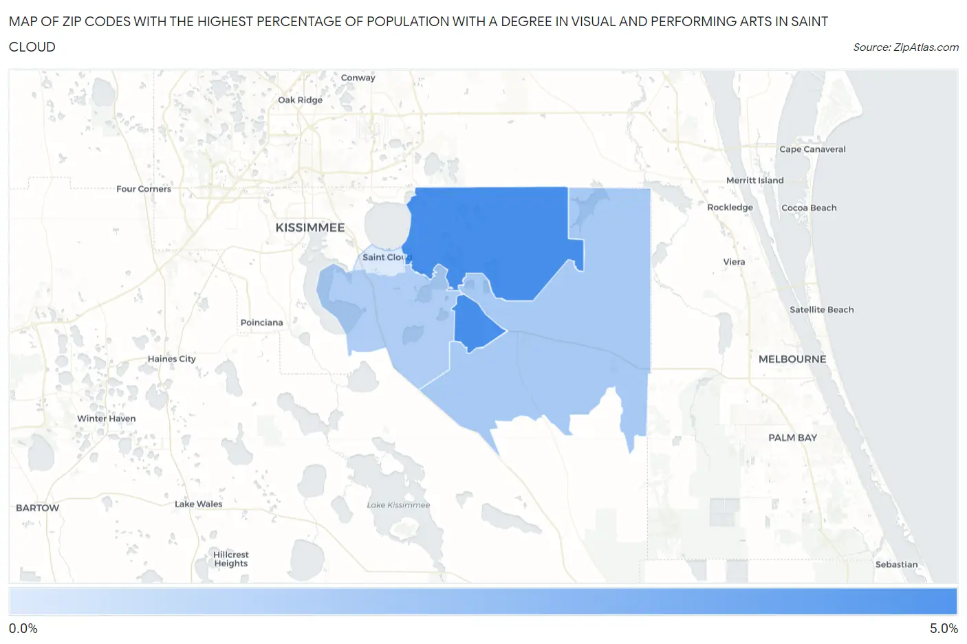 Zip Codes with the Highest Percentage of Population with a Degree in Visual and Performing Arts in Saint Cloud Map
