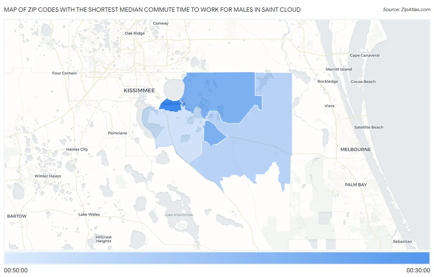Zip Codes with the Shortest Median Commute Time to Work for Males in Saint Cloud Map