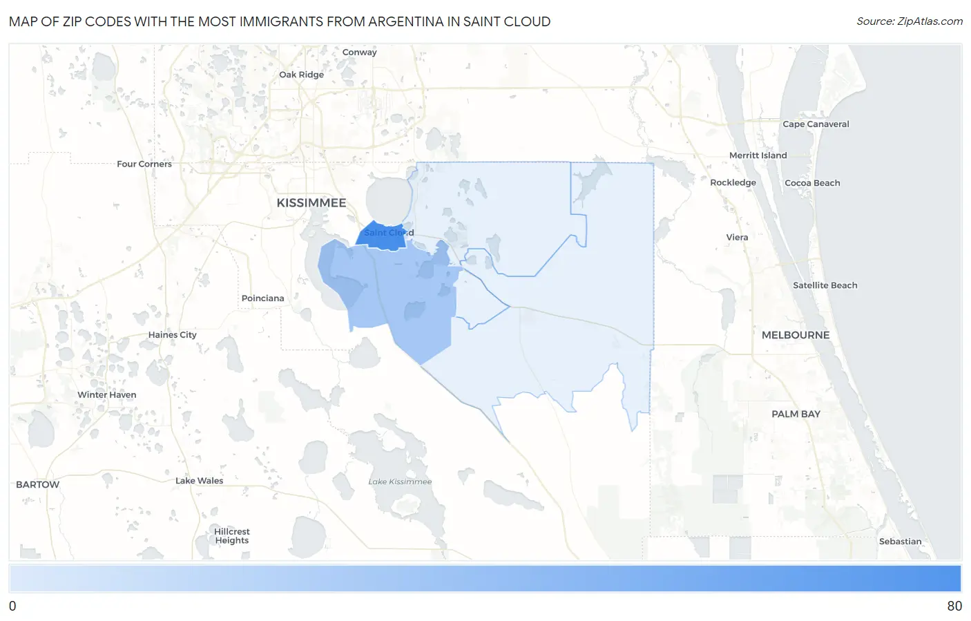 Zip Codes with the Most Immigrants from Argentina in Saint Cloud Map
