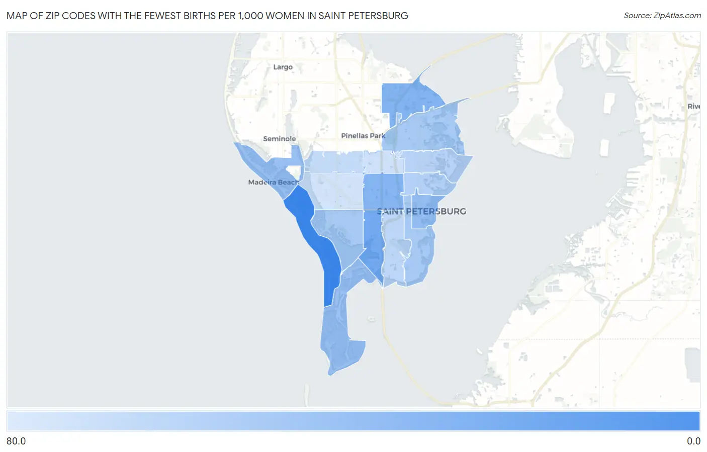 Zip Codes with the Fewest Births per 1,000 Women in Saint Petersburg Map