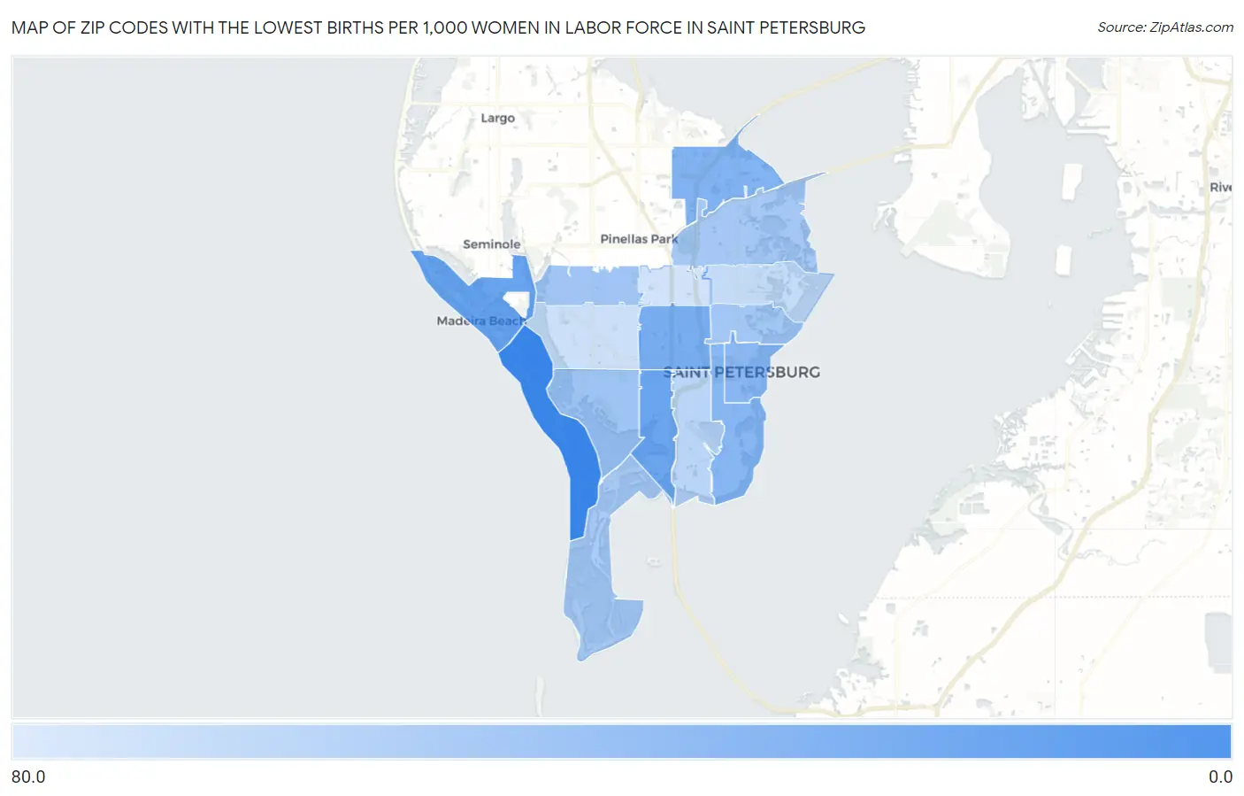 Zip Codes with the Lowest Births per 1,000 Women in Labor Force in Saint Petersburg Map