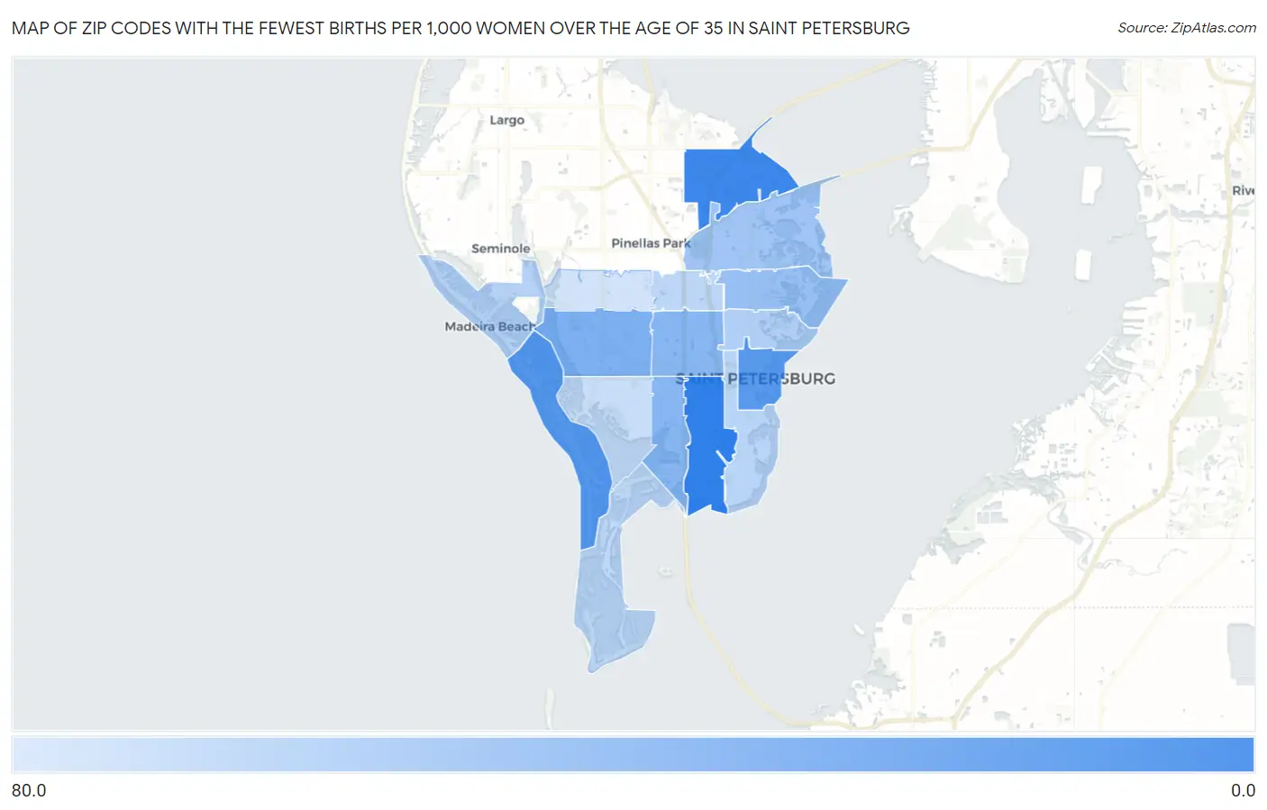 Zip Codes with the Fewest Births per 1,000 Women Over the Age of 35 in Saint Petersburg Map