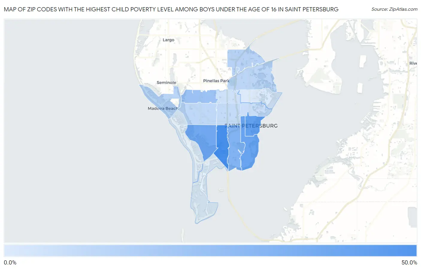 Zip Codes with the Highest Child Poverty Level Among Boys Under the Age of 16 in Saint Petersburg Map