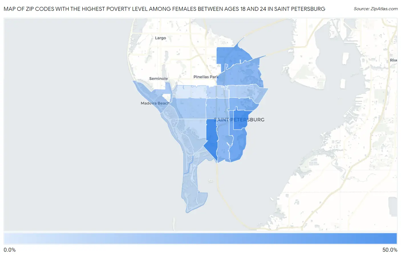 Zip Codes with the Highest Poverty Level Among Females Between Ages 18 and 24 in Saint Petersburg Map
