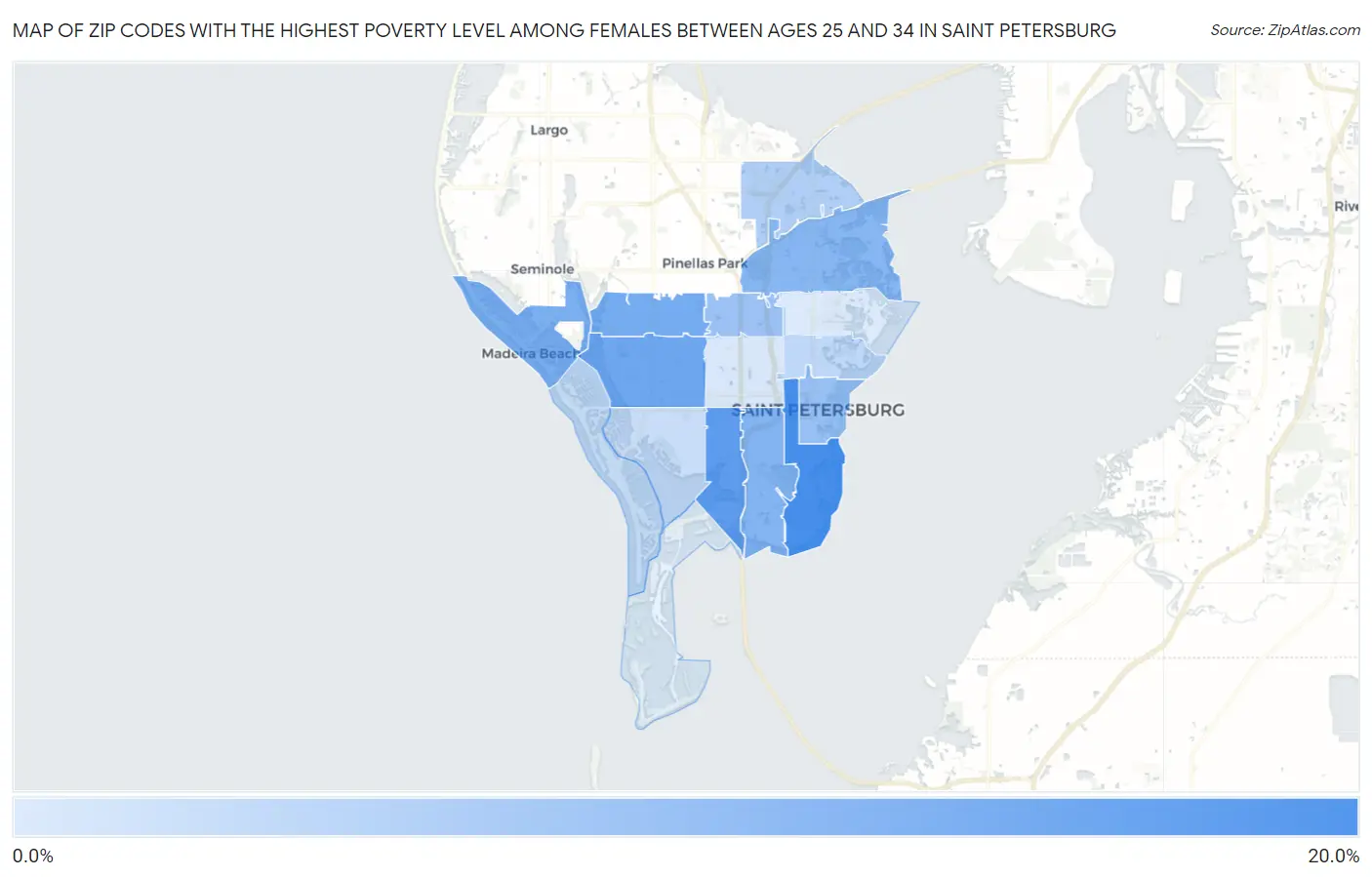 Zip Codes with the Highest Poverty Level Among Females Between Ages 25 and 34 in Saint Petersburg Map