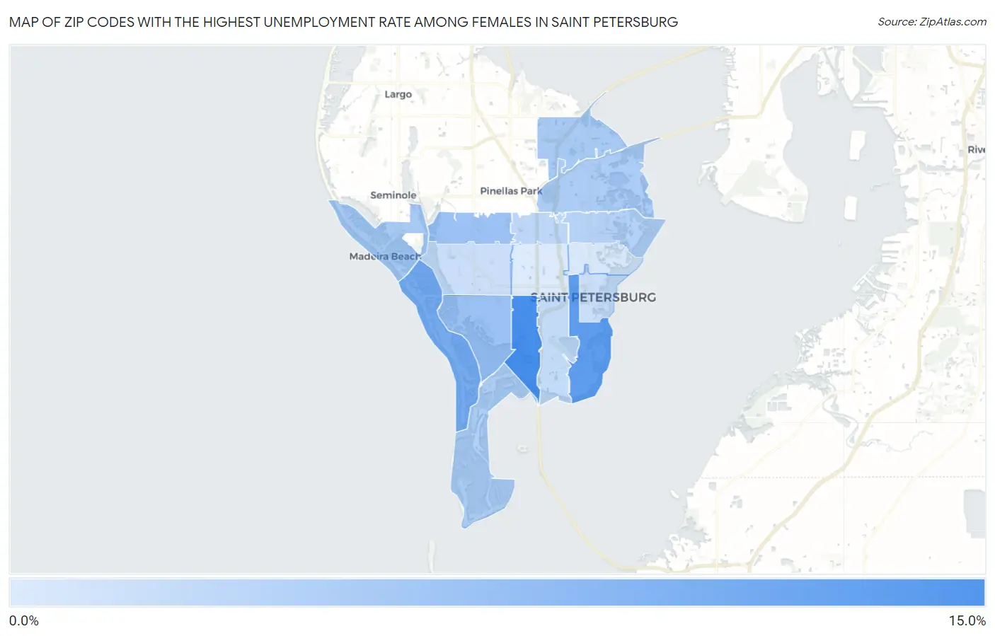 Zip Codes with the Highest Unemployment Rate Among Females in Saint Petersburg Map