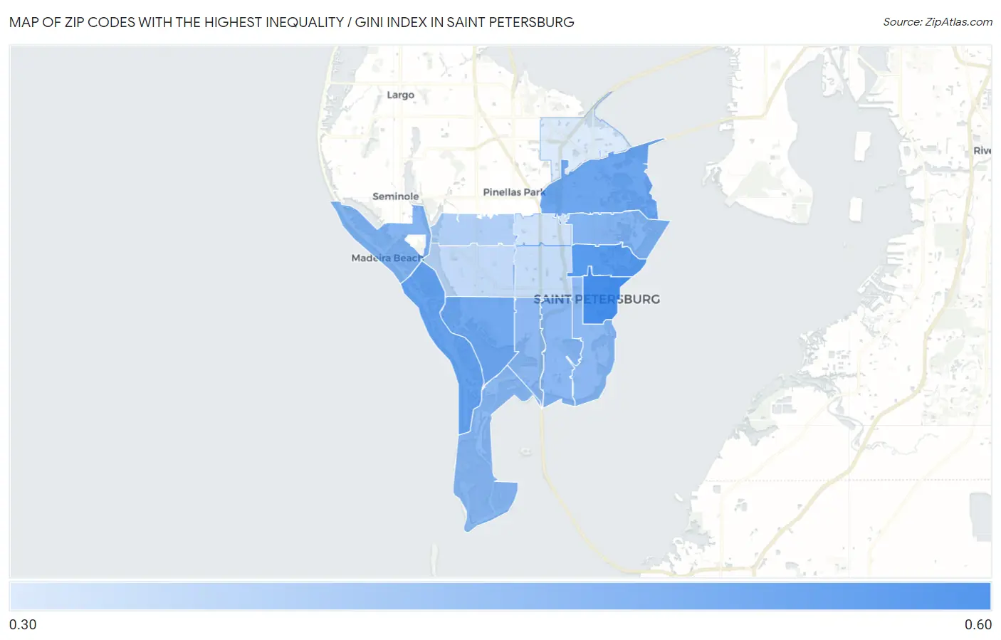 Zip Codes with the Highest Inequality / Gini Index in Saint Petersburg Map