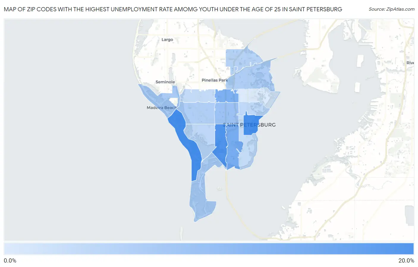 Zip Codes with the Highest Unemployment Rate Amomg Youth Under the Age of 25 in Saint Petersburg Map