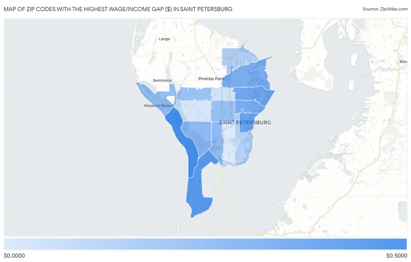 Zip Codes with the Highest Wage/Income Gap ($) in Saint Petersburg Map