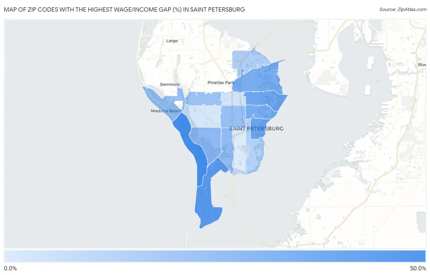 Zip Codes with the Highest Wage/Income Gap (%) in Saint Petersburg Map