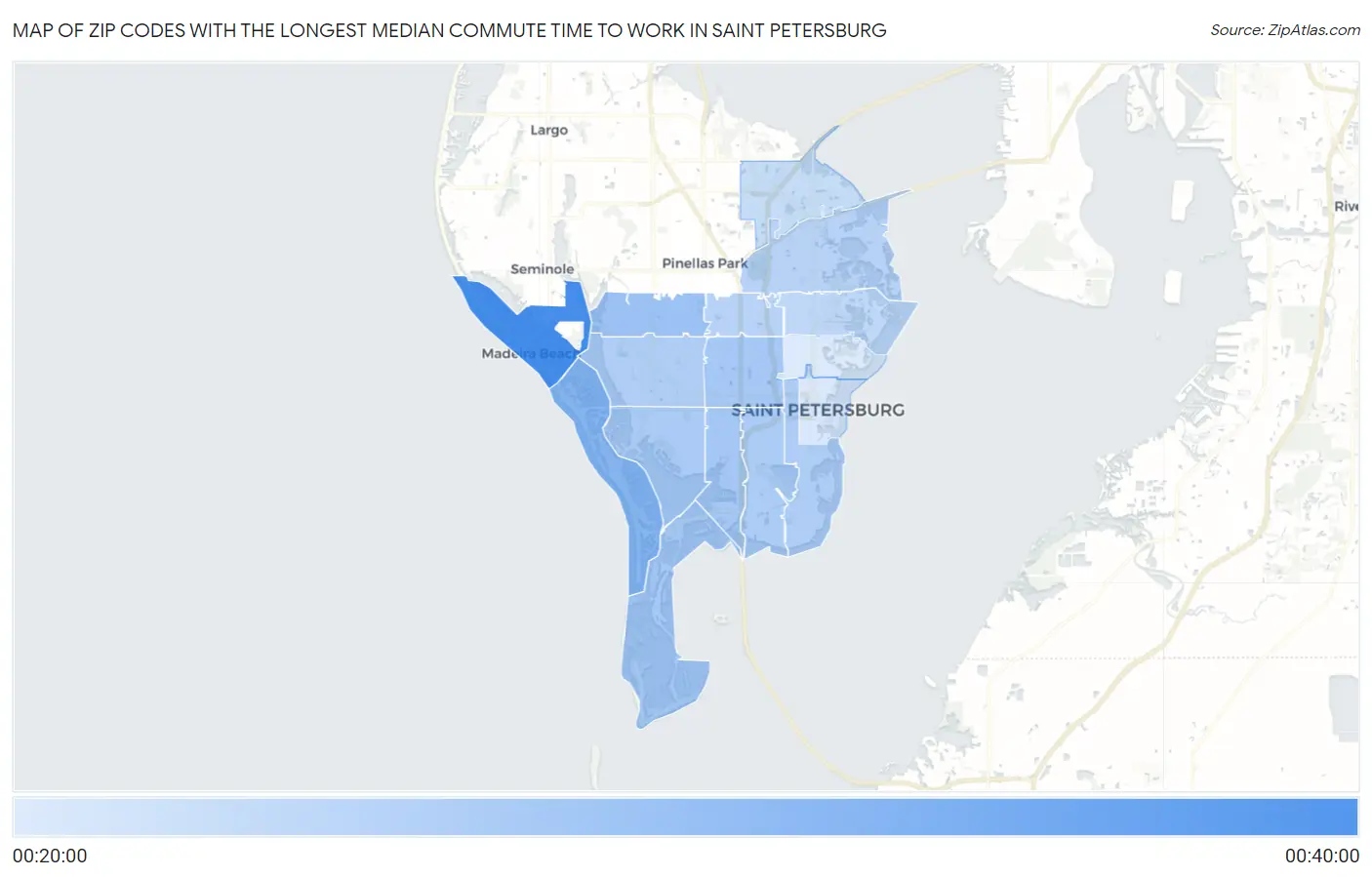 Zip Codes with the Longest Median Commute Time to Work in Saint Petersburg Map
