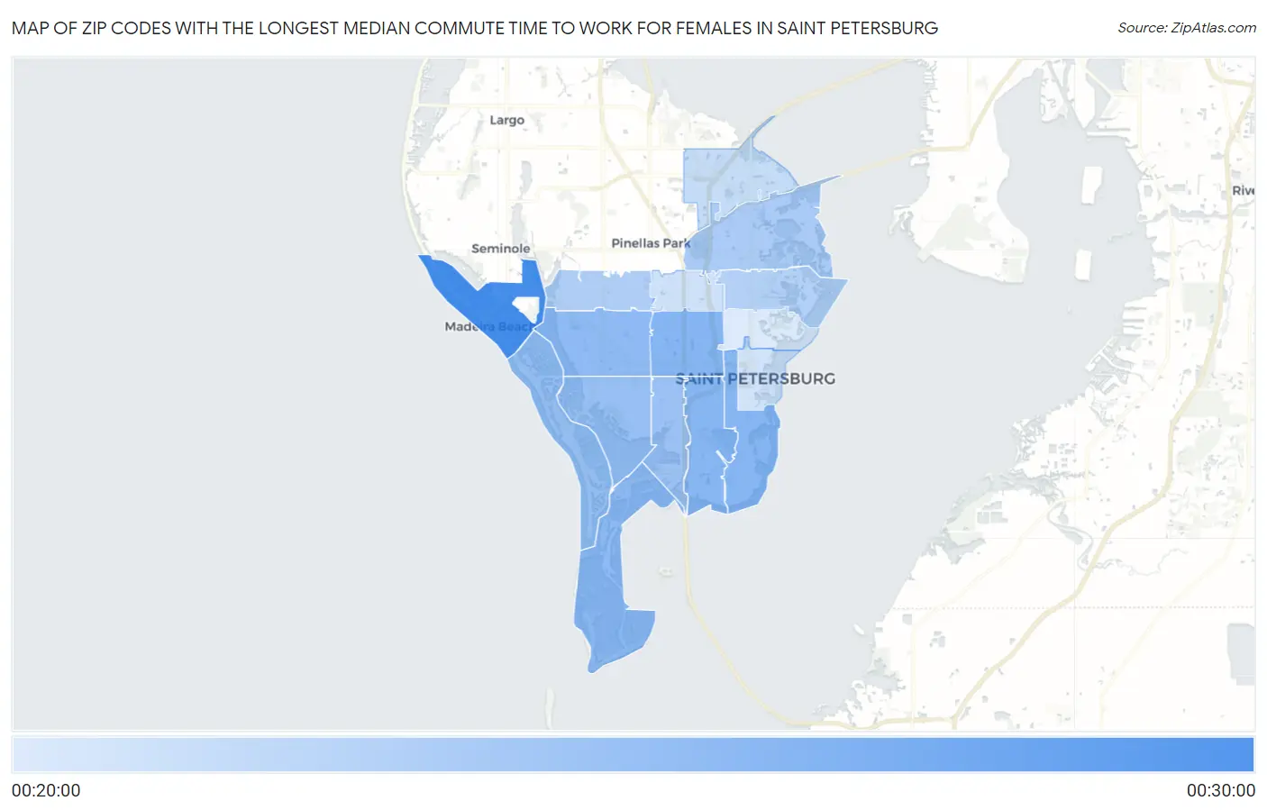 Zip Codes with the Longest Median Commute Time to Work for Females in Saint Petersburg Map