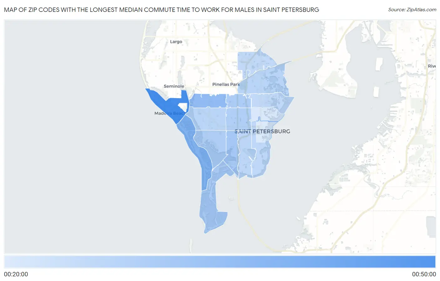 Zip Codes with the Longest Median Commute Time to Work for Males in Saint Petersburg Map