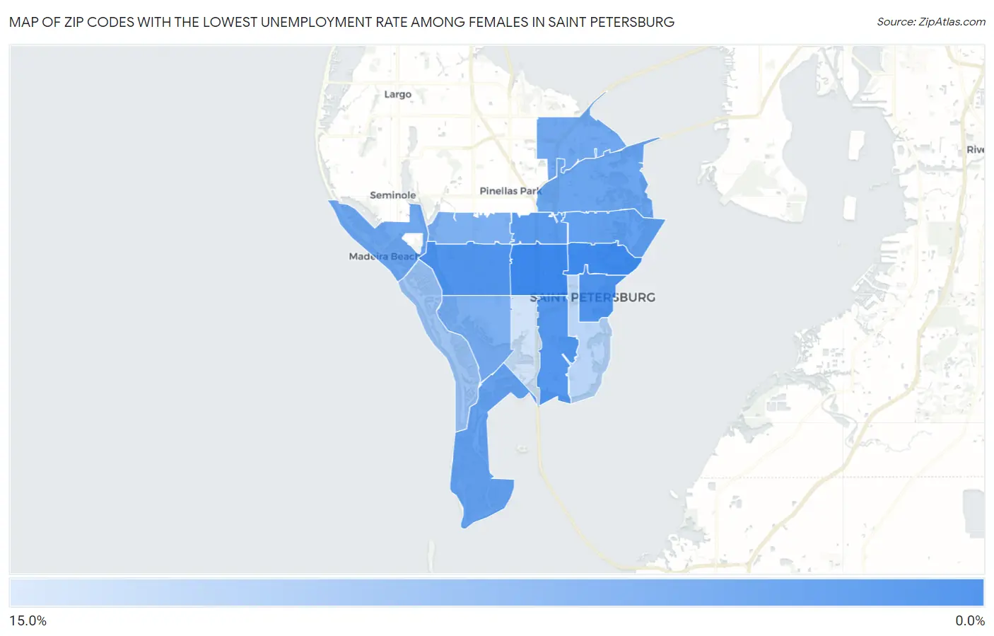 Zip Codes with the Lowest Unemployment Rate Among Females in Saint Petersburg Map