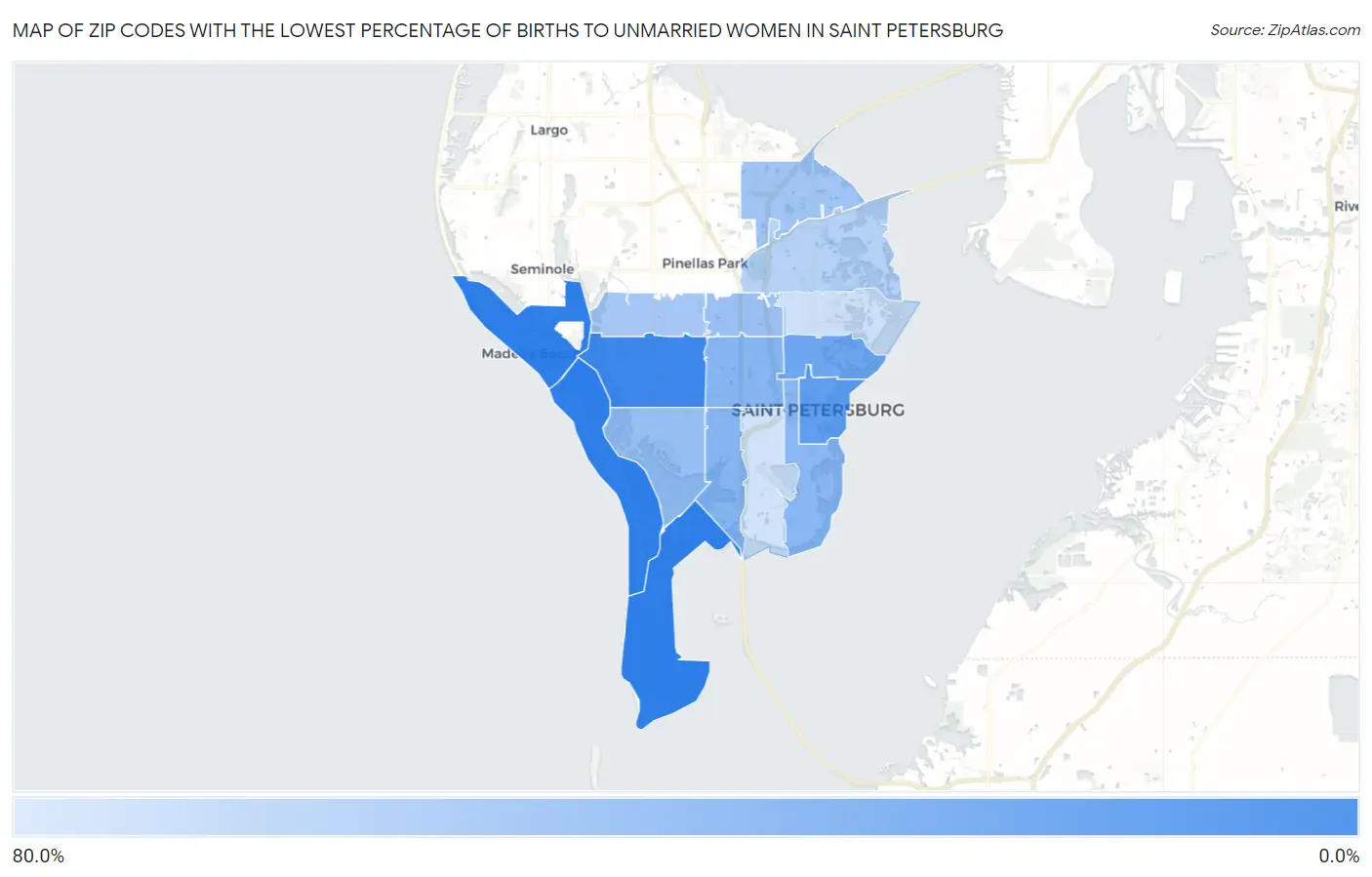 Zip Codes with the Lowest Percentage of Births to Unmarried Women in Saint Petersburg Map