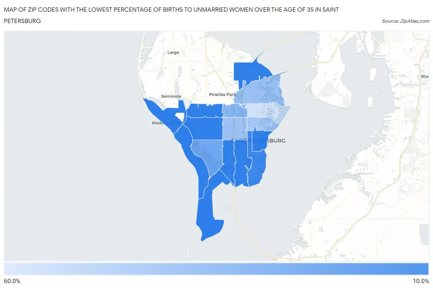 Zip Codes with the Lowest Percentage of Births to Unmarried Women over the Age of 35 in Saint Petersburg Map