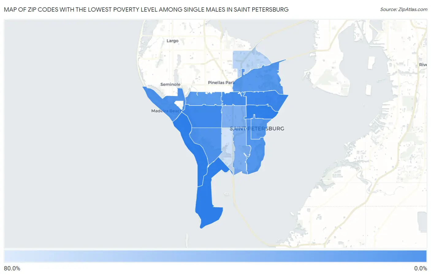 Zip Codes with the Lowest Poverty Level Among Single Males in Saint Petersburg Map