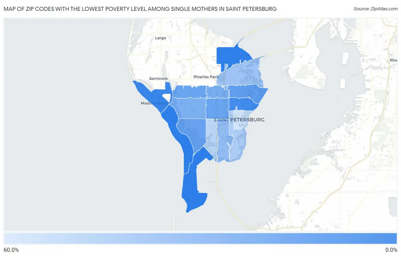 Zip Codes with the Lowest Poverty Level Among Single Mothers in Saint Petersburg Map