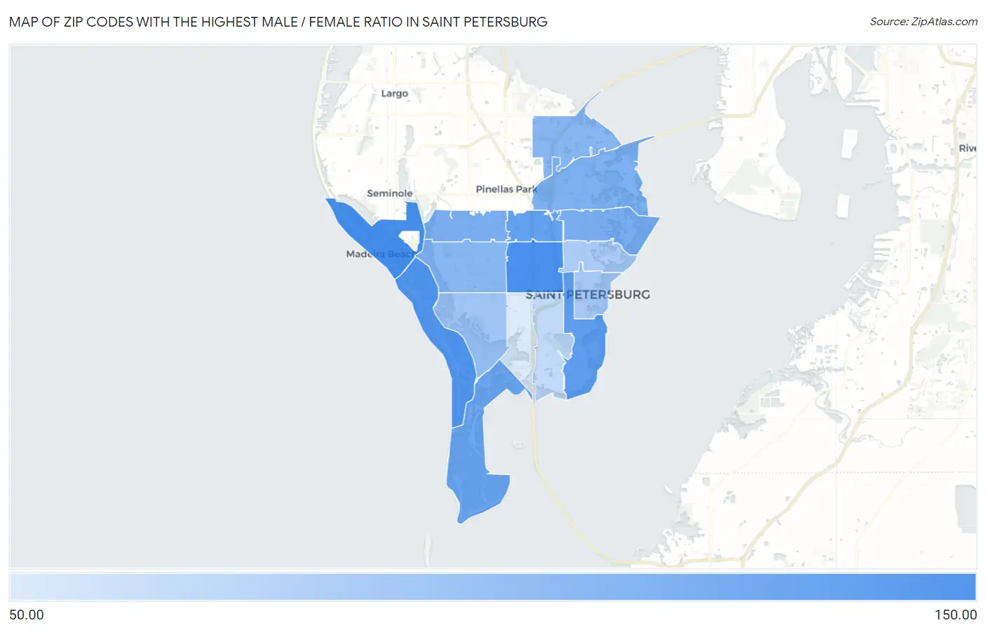 Zip Codes with the Highest Male / Female Ratio in Saint Petersburg Map
