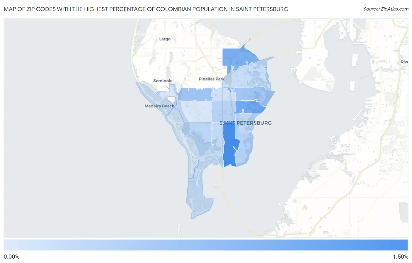 Zip Codes with the Highest Percentage of Colombian Population in Saint Petersburg Map