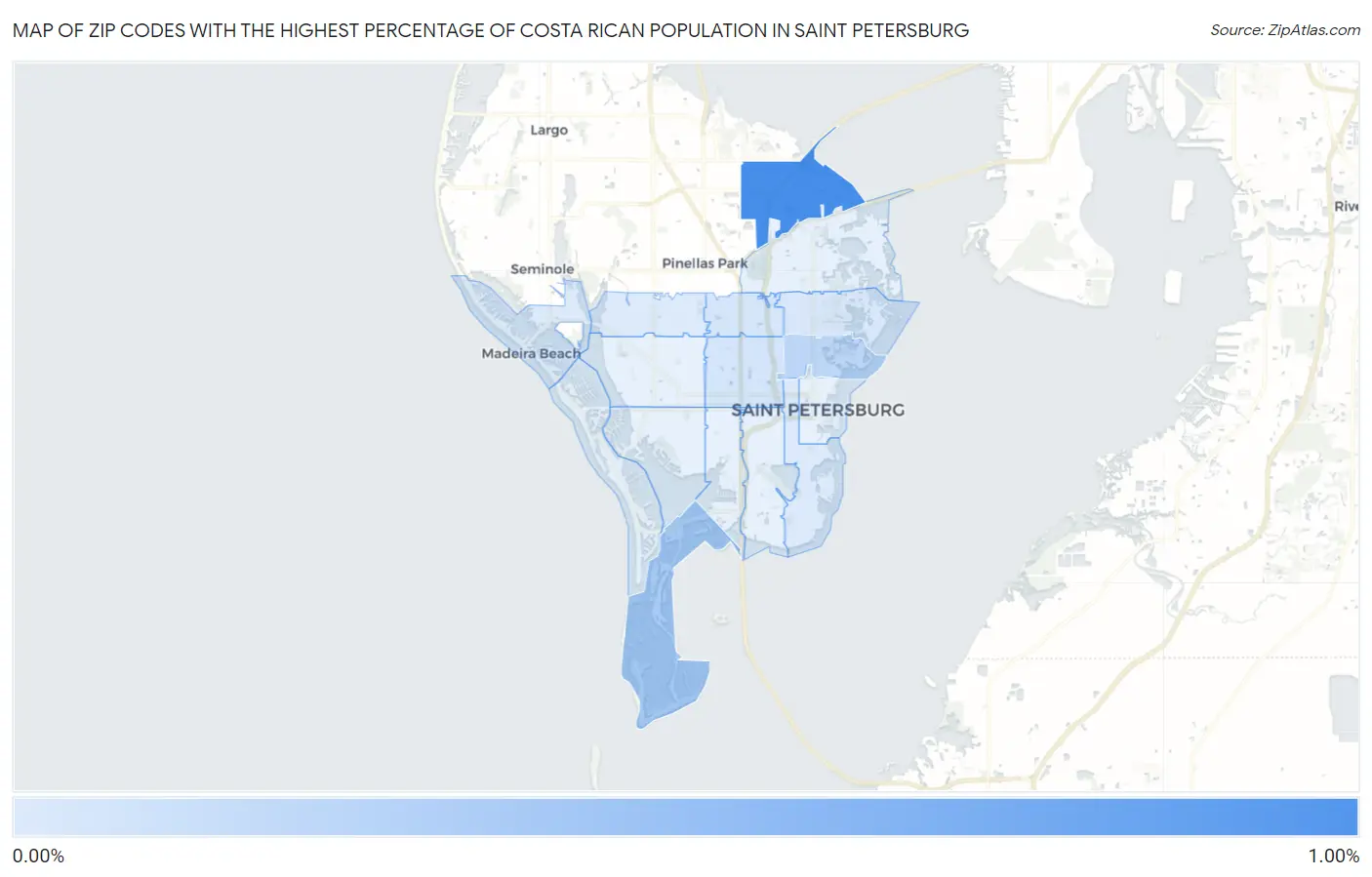 Zip Codes with the Highest Percentage of Costa Rican Population in Saint Petersburg Map