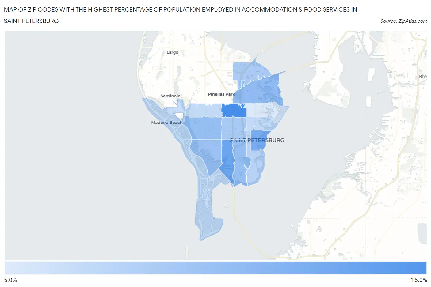 Zip Codes with the Highest Percentage of Population Employed in Accommodation & Food Services in Saint Petersburg Map