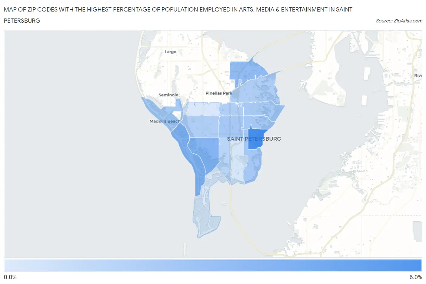 Zip Codes with the Highest Percentage of Population Employed in Arts, Media & Entertainment in Saint Petersburg Map