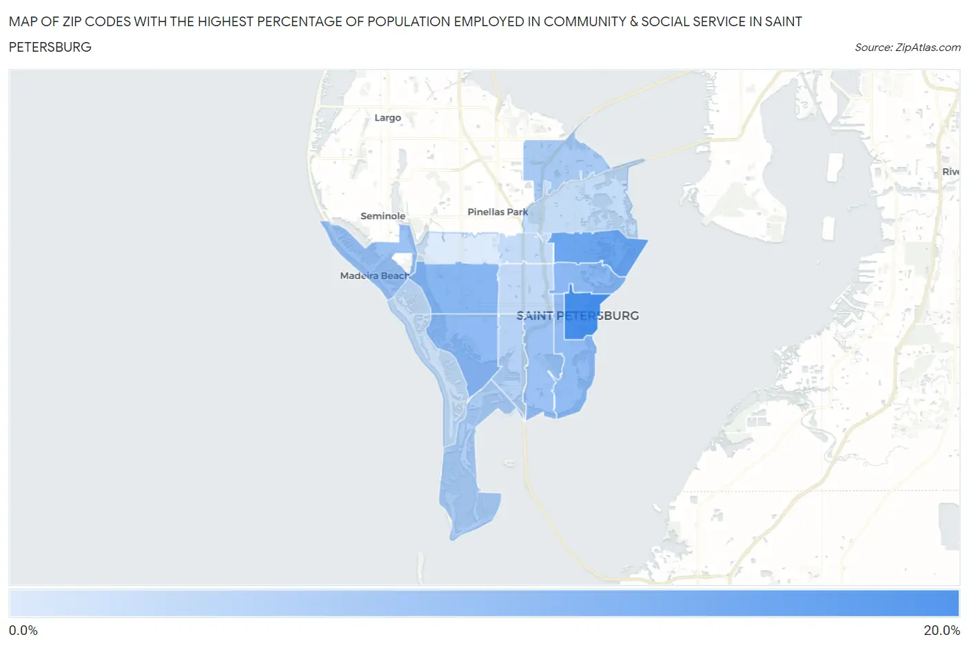 Zip Codes with the Highest Percentage of Population Employed in Community & Social Service  in Saint Petersburg Map