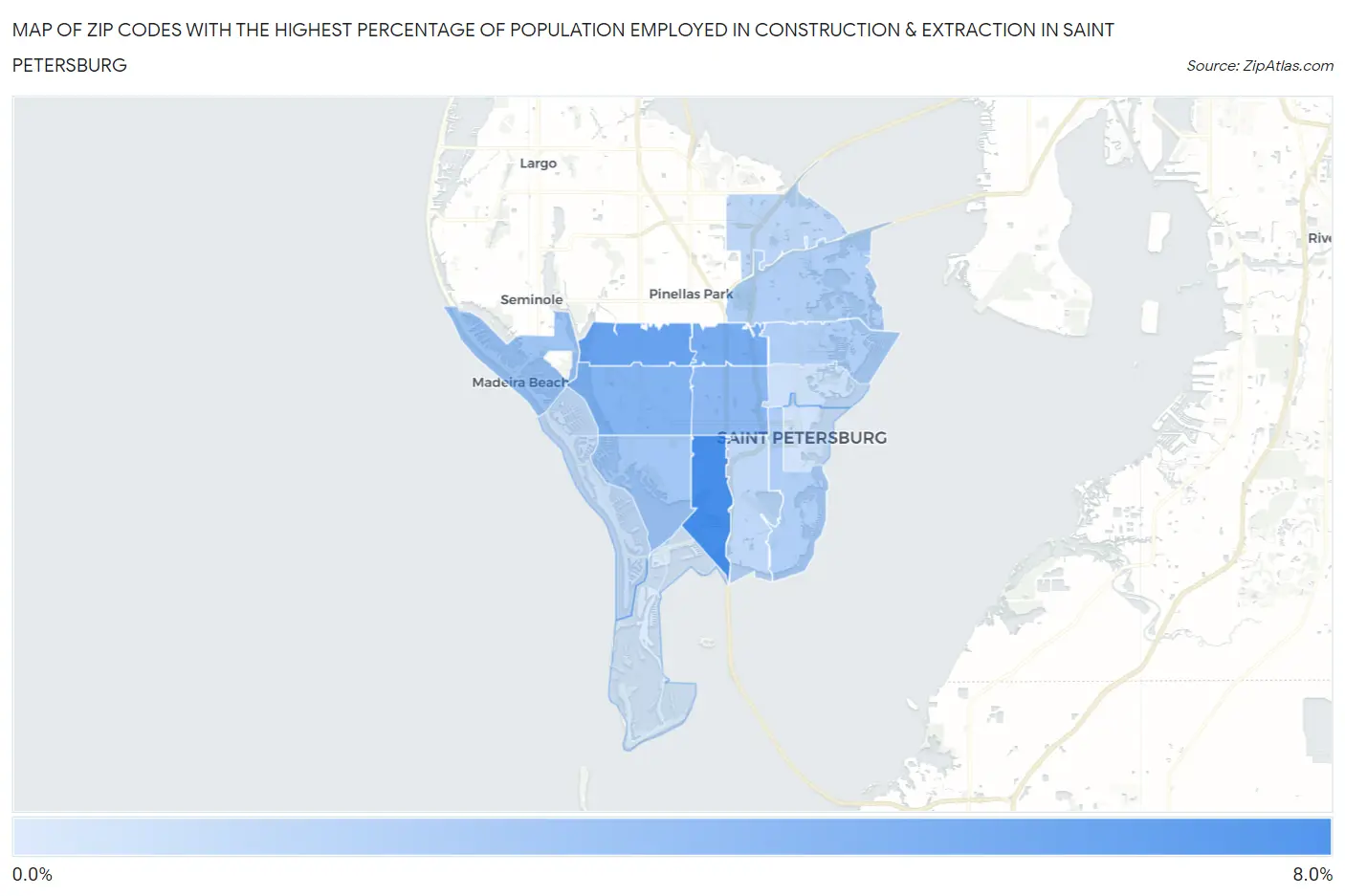 Zip Codes with the Highest Percentage of Population Employed in Construction & Extraction in Saint Petersburg Map