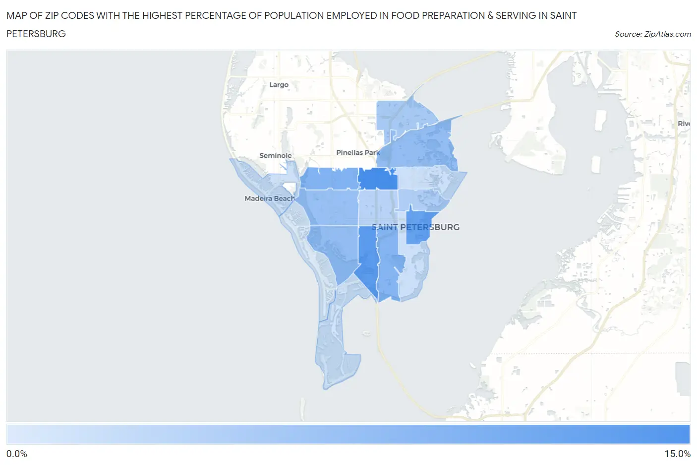 Zip Codes with the Highest Percentage of Population Employed in Food Preparation & Serving in Saint Petersburg Map