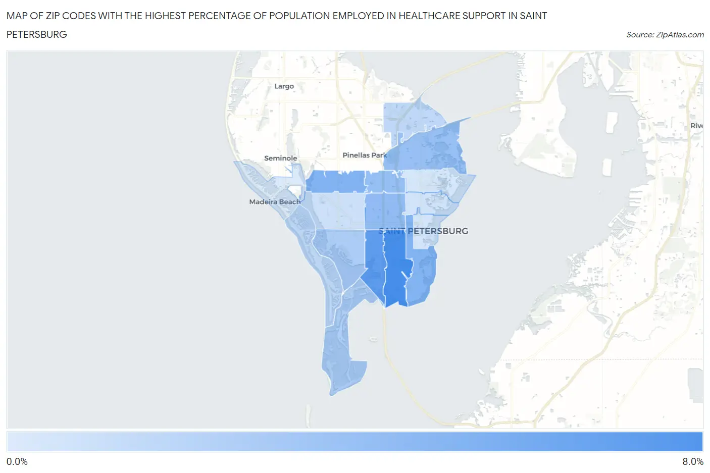 Zip Codes with the Highest Percentage of Population Employed in Healthcare Support in Saint Petersburg Map