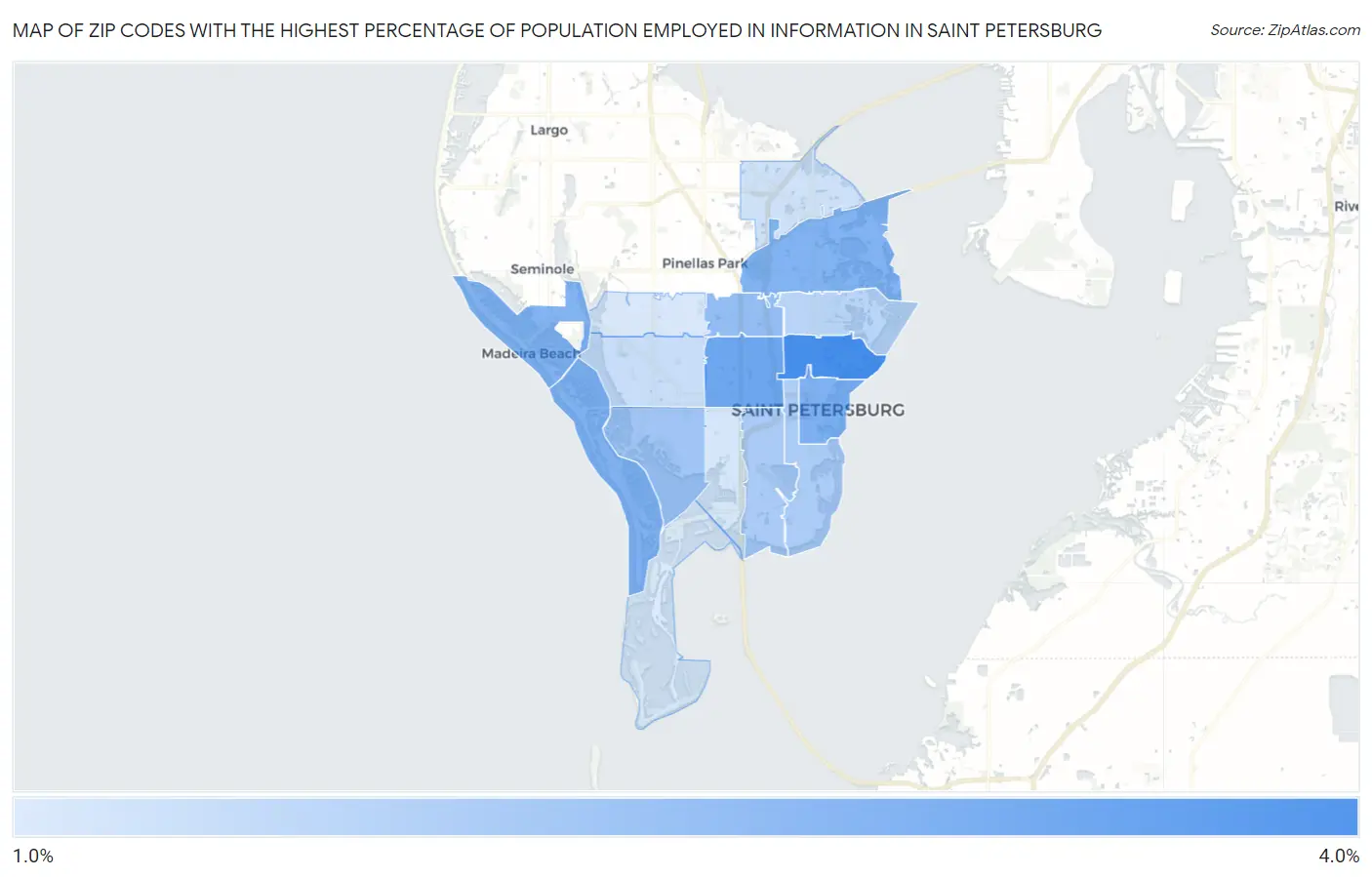 Zip Codes with the Highest Percentage of Population Employed in Information in Saint Petersburg Map