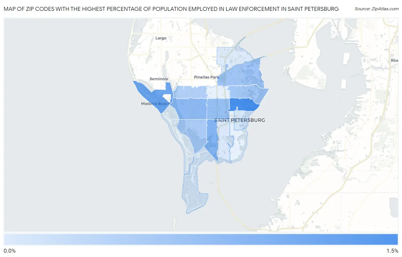 Zip Codes with the Highest Percentage of Population Employed in Law Enforcement in Saint Petersburg Map