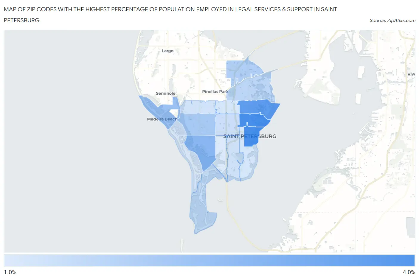 Zip Codes with the Highest Percentage of Population Employed in Legal Services & Support in Saint Petersburg Map
