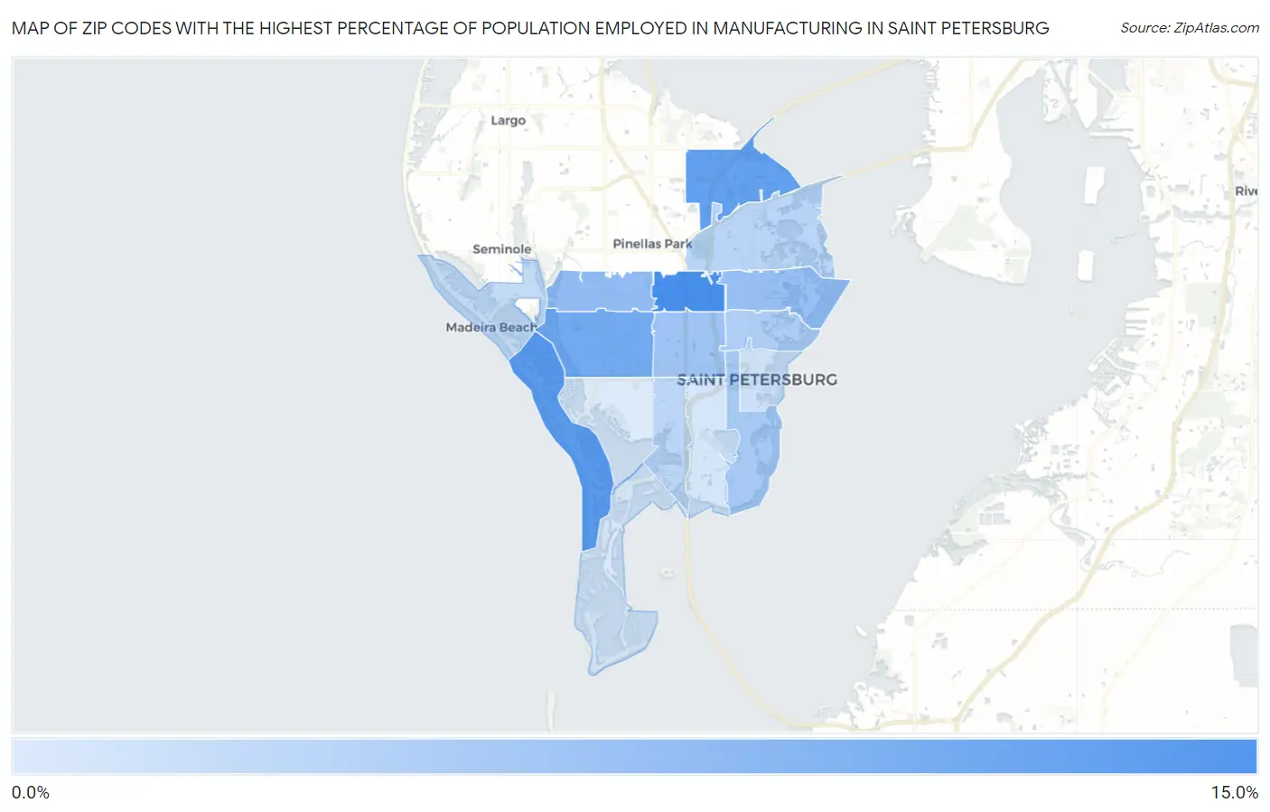 Zip Codes with the Highest Percentage of Population Employed in Manufacturing in Saint Petersburg Map
