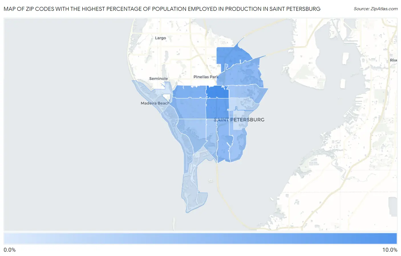 Zip Codes with the Highest Percentage of Population Employed in Production in Saint Petersburg Map