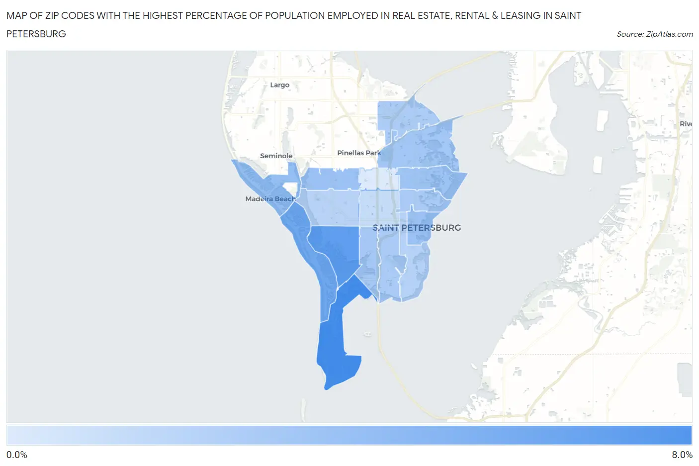 Zip Codes with the Highest Percentage of Population Employed in Real Estate, Rental & Leasing in Saint Petersburg Map