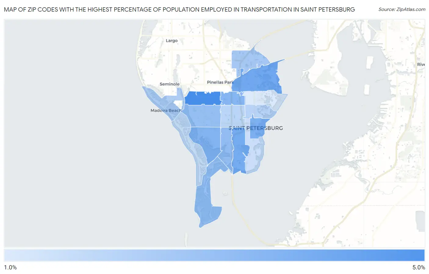 Zip Codes with the Highest Percentage of Population Employed in Transportation in Saint Petersburg Map
