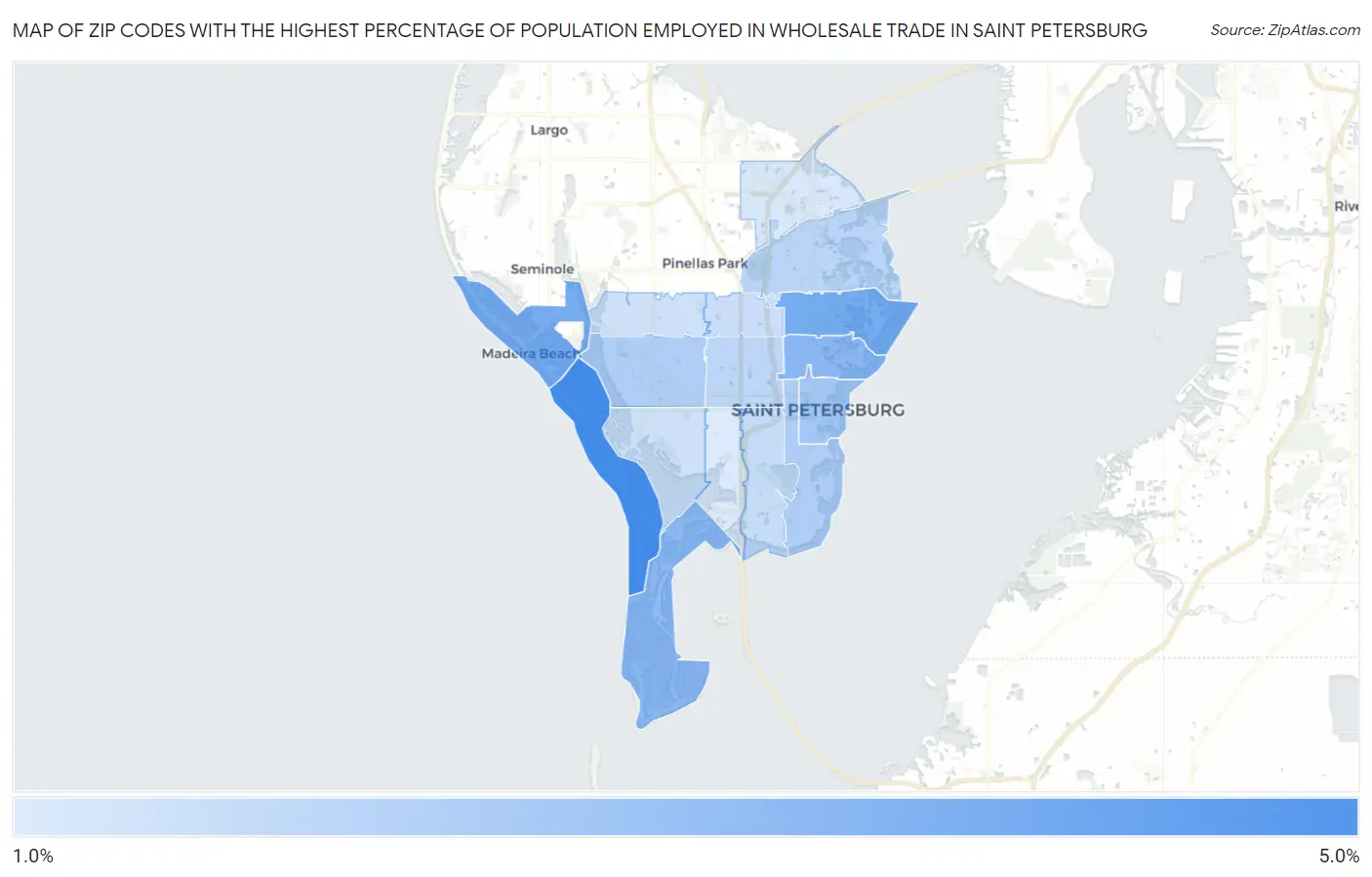Zip Codes with the Highest Percentage of Population Employed in Wholesale Trade in Saint Petersburg Map